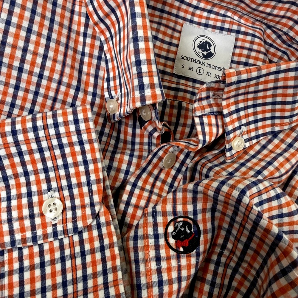 Southern Proper Mens Large Gingham Button Down Shirt Orange Blue 100% Cotton - Picture 1 of 6
